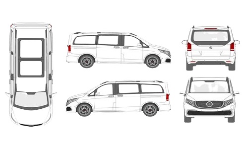 Van inspection diagram with top, both side, front and rear views and damage marks